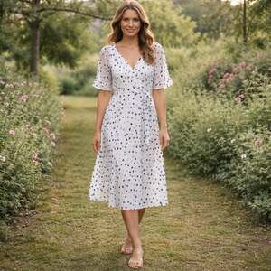 Harper Rose White Polka Dot Faux Wrap Chiffon Midi Dress Size 8